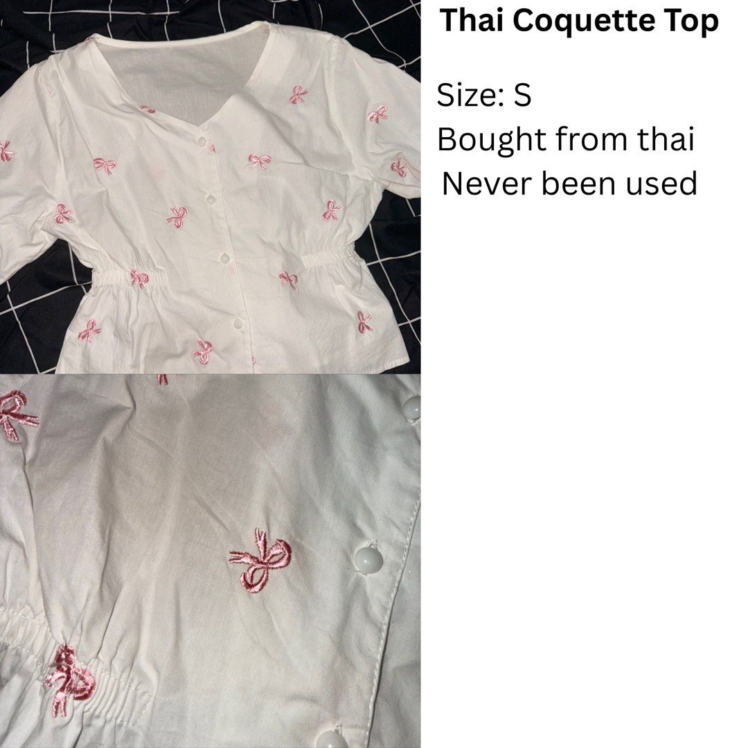 White Thai Coquette Top with Pink Bows (Category: Sleeveless) located in Manila. Submitted by trafalgarlaaaaw (Listing ID 1453644620, Image 1). Description: - Cute white top with all-over pink bow embroidery - Cinched waist with elastic for a flattering fit - Brand new, never been used - Size S - Imported from Thailand.