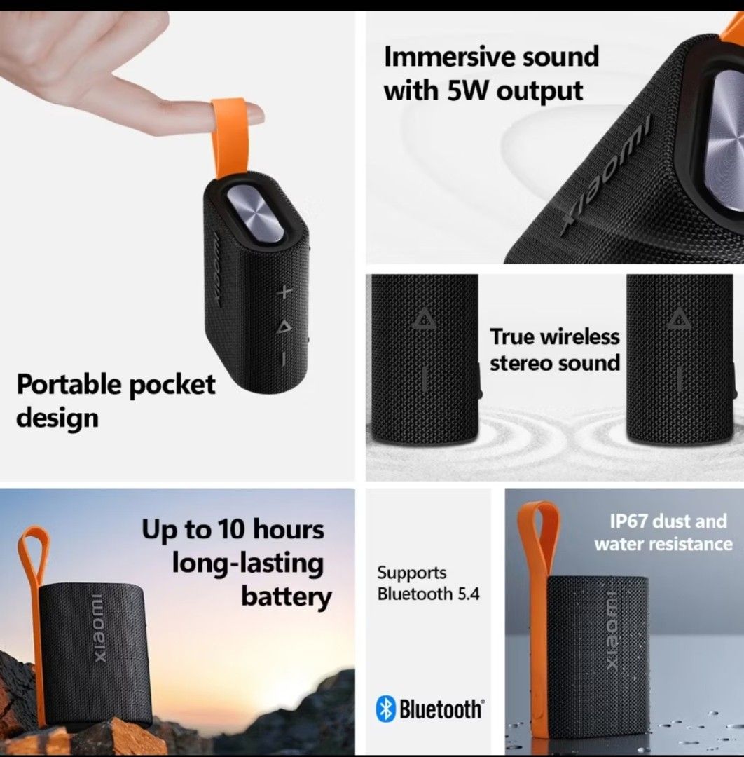 Xiaomi sound pocket black (Category: Soundbars, Speakers & Amplifiers) located in Caloocan City. Submitted by _preloved_bb (Listing ID 1453767121, Image 2). Description: - Brand: Xiaomi - Model: Sound Pocket - Color: Black - Connectivity: Bluetooth 5.4 - Sound Output: 5W Immersive Sound - Battery Life: Up to 10 hours - Durability: IP67 Dust and Water Resistant - Design: Portable, pocket-sized with strap - True Wireless Stereo sound support.