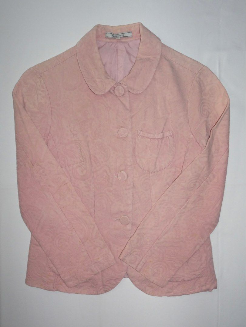 PaperDolls Y2K Pink Button-Down Blazer (Category: Coats, Jackets and Outerwear) located in Manila. Submitted by kim.declutterss (Listing ID 1453710298, Image 3). Description: - Size: Medium (fits small-medium) - Issue: Slight yellow stains - 2 small pockets in front - Can be worn as a blazer or blouse top - Color may vary due to lighting.