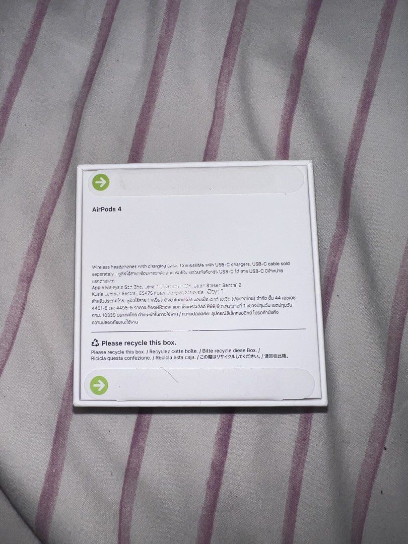 Apple AirPods 4 (Category: Earphones) located in Quezon City. Submitted by vnviloria (Listing ID 1453999502, Image 2). Description: - Apple AirPods 4 Generation - Wireless headphones - Includes charging case - Compatible with USB-C chargers - USB-C cable sold separately - Please recycle this box.