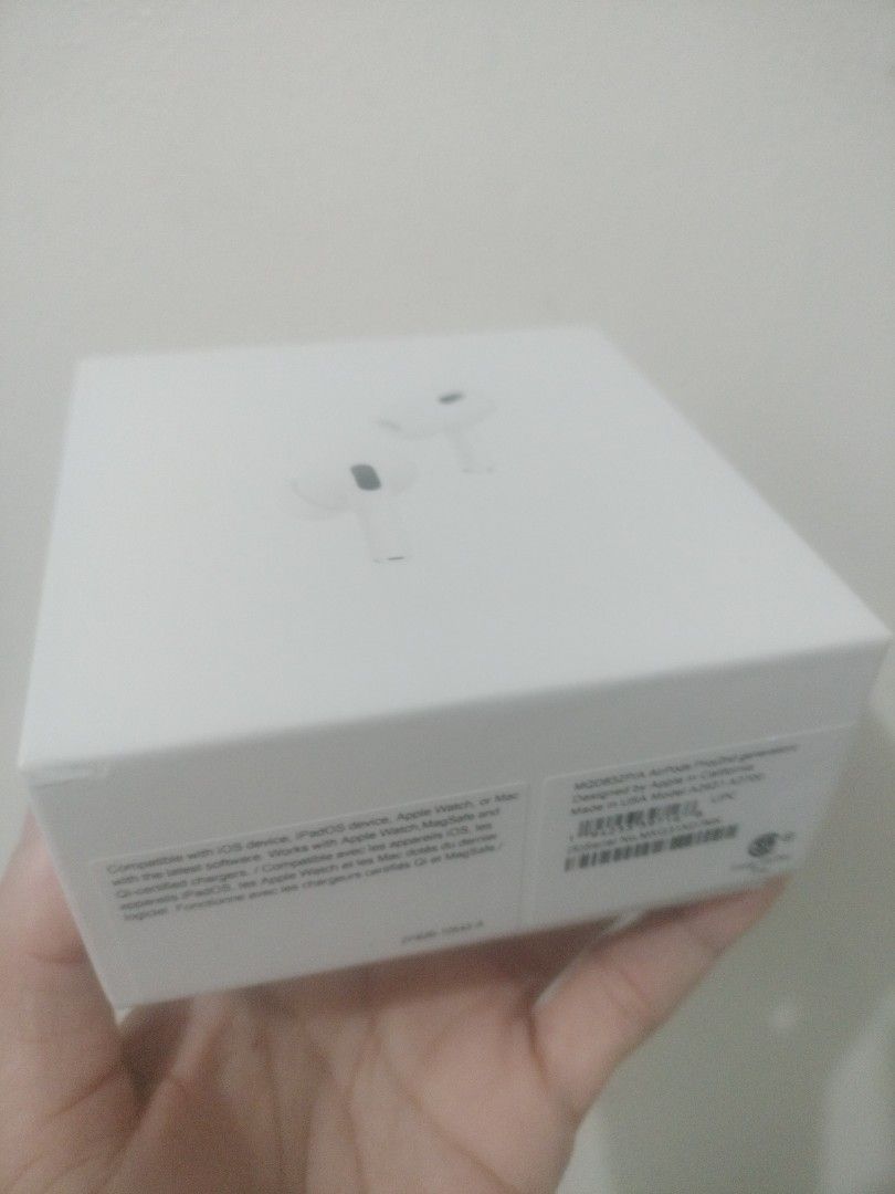Apple airpods pro 2nd gen (Category: Earphones) located in Quezon City. Submitted by shelladvi729136 (Listing ID 1453869817, Image 1). Description: Bought in the US. Complete with box and inclusions also the charging cable. Just opened never used. Buds still have the plastic on them. .