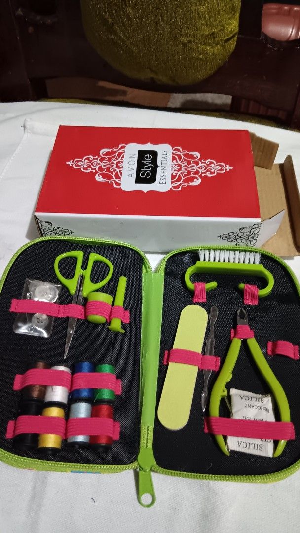 Avon Style Essentials Sewing & Manicure Kit (Category: Hands & Nails) located in Pasay City. Submitted by keenfox.a73ed0 (Listing ID 1453927420, Image 1). Description: - Adorable floral print travel case - Inside: mini sewing kit (thread, needles, buttons) - Inside: mini manicure set (clippers, file, brush) - Ideal for on-the-go emergencies or travel - Comes with original box.