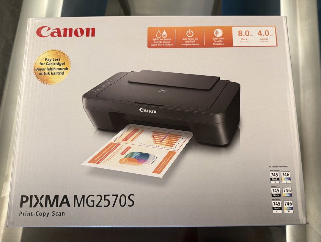 Canon PIXMA MG2570S All-in-One Printer (Category: Printers, Scanners & Copiers) located in Taguig. Submitted by superbshops.ph (Listing ID 1453821210, Image 2). Description: - Canon PIXMA MG2570S All-in-One Printer - Functions: Print, Copy, Scan - Hybrid Ink System for quality prints - Auto Power On feature - Comes with a Free Web App - Ink cartridge compatibility details in photos - Check box for contents and system requirements.