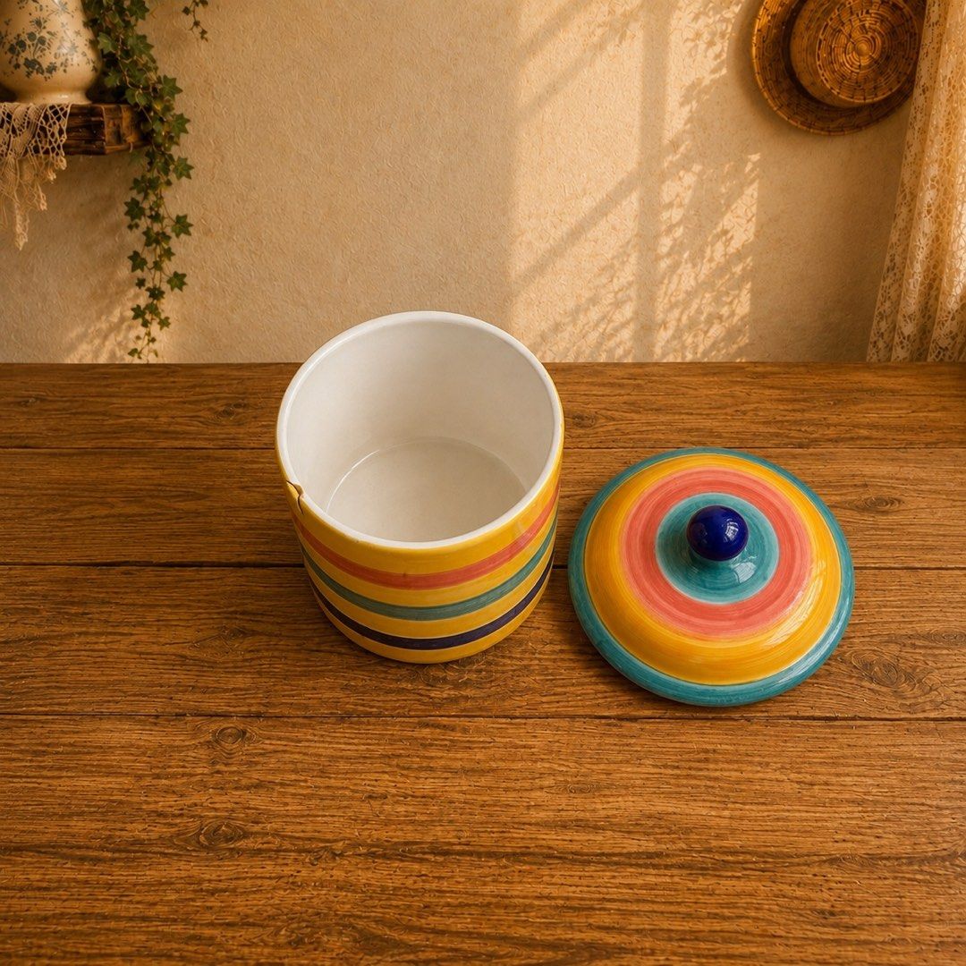 Ceramic Yellow Colorful Canister (Category: Other Kitchenware & Tableware) located in Quezon City. Submitted by handpickedecors (Listing ID 1453914048, Image 2). Description: Ceramic Yellow Colorful Canister 🏷️ 450.00 Size: 6”D x 8”H *minimal ceramic chip but intact.