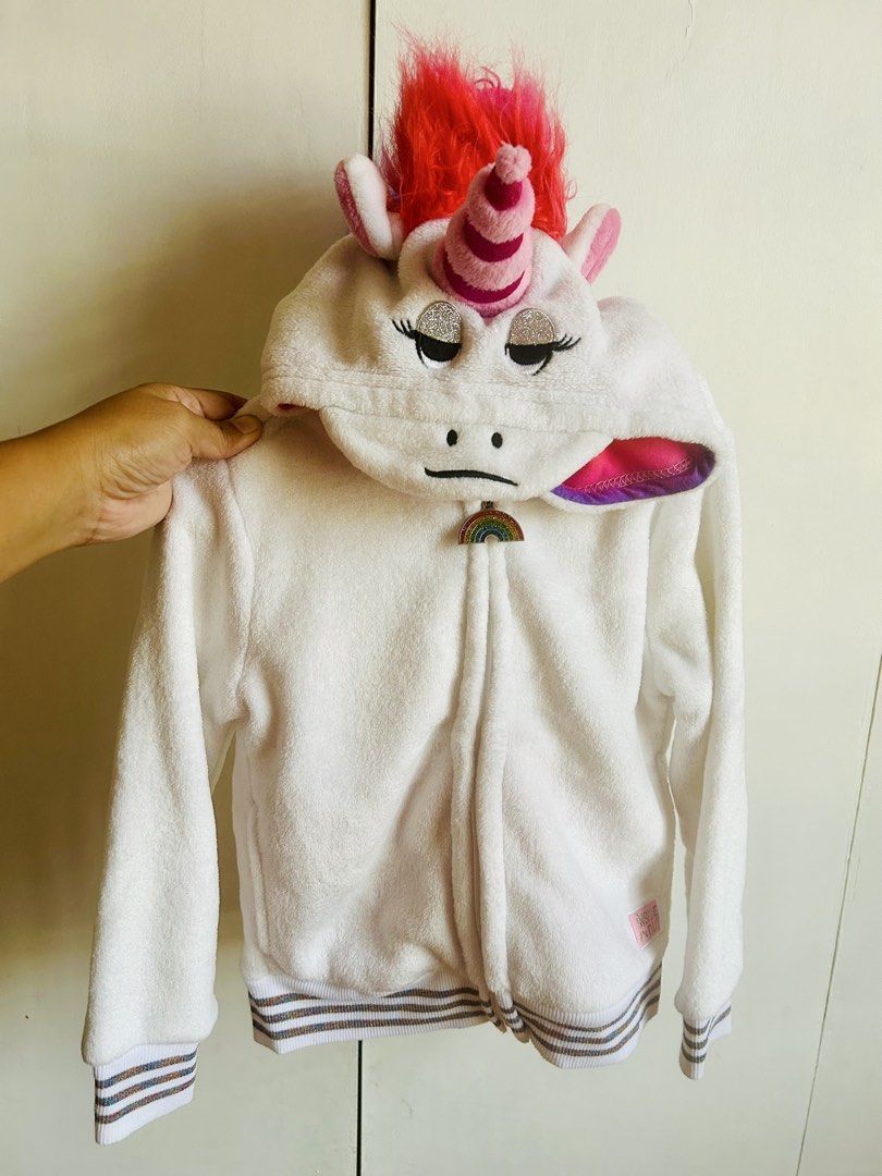 Disney Inside Out Unicorn Hoodie with Rainbow Zipper Pull (Category: Babies & Kids Fashion) located in Santa Rosa. Submitted by lovedbydane (Listing ID 1453814231, Image 1). Description: - Adorable white unicorn hoodie - Vibrant rainbow fluffy mane and tail - Hood features embroidered eyes and unicorn horn - Cute rainbow charm zipper pull - Comfortable ribbed cuffs and hem - Disney's Inside Out inspired design 4T on tag.