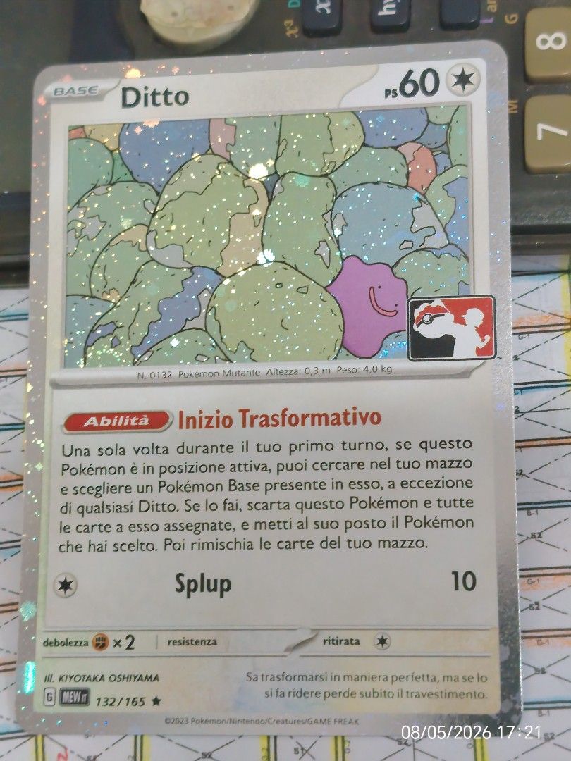 Ditto Pokemon Card Italian (Category: Raw Singles) located in Kalibo. Submitted by anything_random (Listing ID 1453906041, Image 1). Description: - Ditto Pokemon Card Italian - Prize Pack Near Mint - Special Ability: Inizio Trasformativo.
