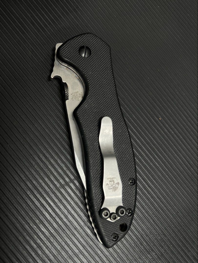 Emerson Kershaw Folding Knife - Black Handle (Category: Hiking & Camping) located in Cebu City. Submitted by zershrovv (Listing ID 1453910811, Image 3). Description: - Emerson folding knife - Black textured handle - Silver blade with sharp point - Pocket clip attached - Ideal for everyday carry (EDC) - Blade shows minor scuffs.