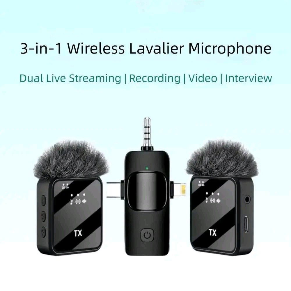 F11-2 Wireless Microphone 3-in-1 Lavalier Mic (Category: Microphones) located in Manila. Submitted by marvieobordo (Listing ID 1453984480, Image 3). Description: - F11-2 Wireless Microphone Set - 3-in-1 Lavalier Mic System - Perfect for Dual Live Streaming, Video Recording, Interviews - Package Includes: 2 Microphones, 1 Receiver, Charging Cable - Features AI Noise Reduction Chip for Crystal Clear Audio - Simple Plug-and-Play Setup, Easy to Use.