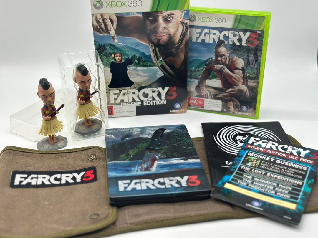 Far Cry 3 Insane Edition Xbox 360 Bundle (Category: Xbox) located in Bulacan. Submitted by sofubiman08 (Listing ID 1453823381, Image 1). Description: - Far Cry 3 Insane Edition for Xbox 360 - Includes the game disc - Comes with a collectible steelbook - Features the ULC pack (Monkey Business & The Lost Expeditions) - Includes two Vaas bobbleheads - Also comes with a cloth pouch - Perfect for Far Cry fans and collectors - WHAT YOU SEE IS WHAT YOU 