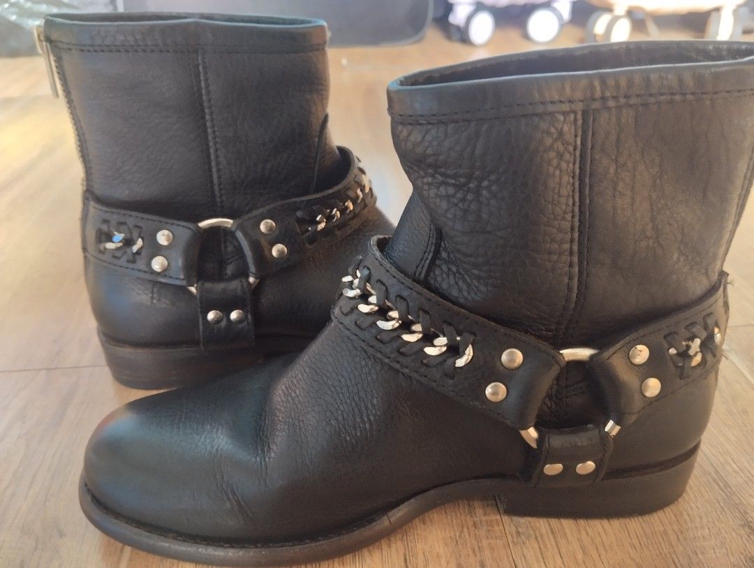 Frye Black Leather Harness Chain Moto Boots (Category: Boots) located in Quezon City. Submitted by rackreviva27782 (Listing ID 1453860036, Image 3). Description: SIZE 36 price+sf Excellent condition - Black leather moto boots - Harness and chain detail - Side buckle and stud accents - Full back zip closure for easy wear - Nice leather texture - Versatile for everyday or night out moto boots ysl cowboy harness boots rider harley davidson.