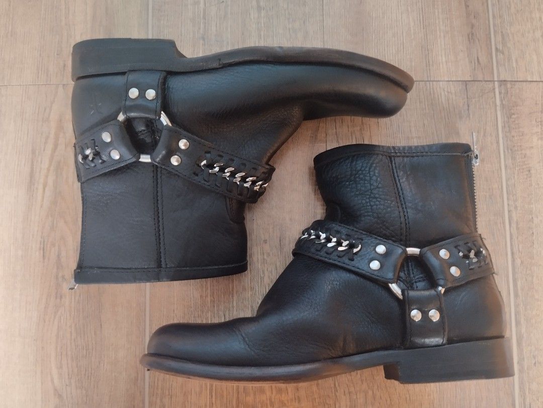 Frye Black Leather Harness Chain Moto Boots (Category: Boots) located in Quezon City. Submitted by rackreviva27782 (Listing ID 1453860036, Image 1). Description: SIZE 36 price+sf Excellent condition - Black leather moto boots - Harness and chain detail - Side buckle and stud accents - Full back zip closure for easy wear - Nice leather texture - Versatile for everyday or night out moto boots ysl cowboy harness boots rider harley davidson.