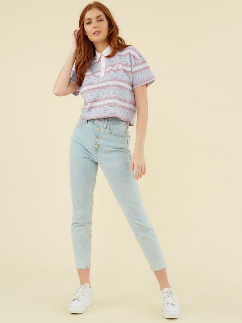 Guess Striped Cropped Polo Shirt (Category: Blouses) located in Cainta. Submitted by erraticgal (Listing ID 1453908571, Image 2). Description: - Cute Guess polo shirt - Cropped fit - Classic collar - Pastel blue, pink, and white stripes - Small embroidered Guess logo on chest - Great for a casual, retro vibe - Pairs well with high-waisted jeans Size is medium, original price is around 2000.