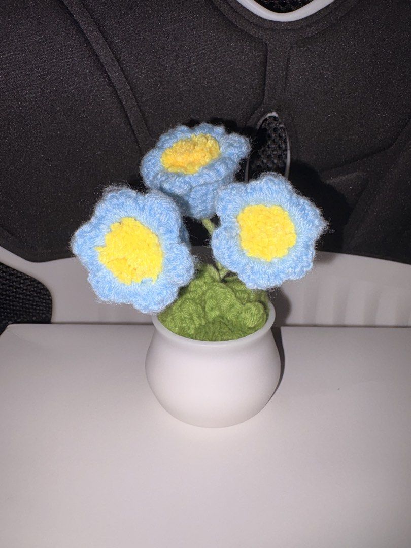Handmade Crocheted Blue Flowers in Pot (Category: Handmade Craft) located in Quezon City. Submitted by maiamad (Listing ID 1453983481, Image 2). Description: - Attached in a small white pot - Ideal for gifting or personal treat No issue.