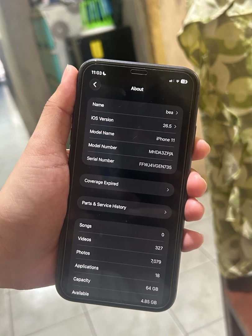 iPhone 11 64gb Smart Locked (Category: iPhone 11 Series) located in Lingayen. Submitted by imbeedc (Listing ID 1453834374, Image 3). Description: - onhand - with original box same imei - unit and box only - broken back glass is not affecting the performance - camera, true tone, face id working - unli reset.