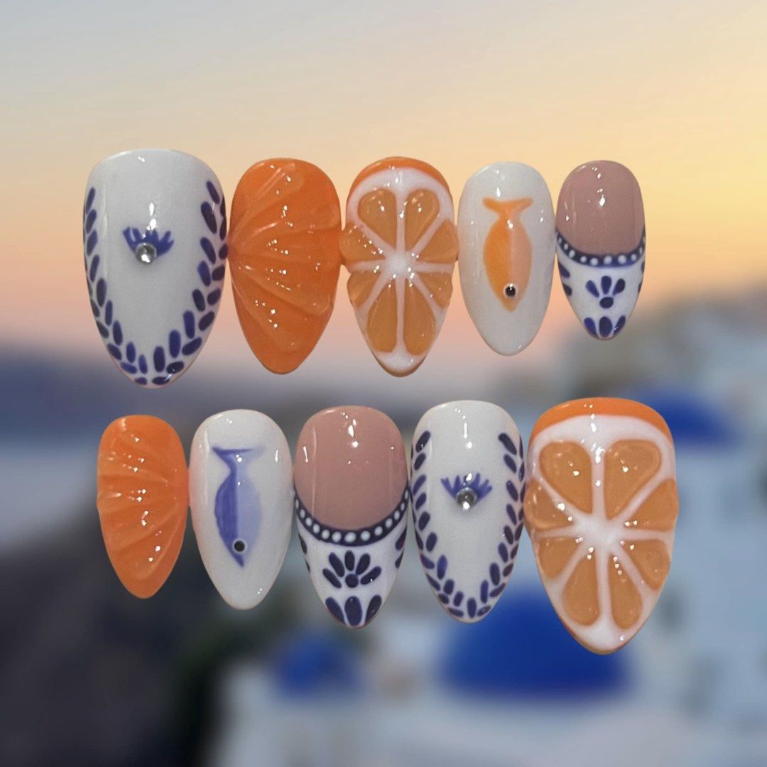 Italian Summer Press - On Nails (Category: Hands & Nails) located in Magalang. Submitted by jhnaahn (Listing ID 1453857119, Image 1). Description: Handmade Italian Summer Press-On Nails for ₱200 + sf🍊💙 - Sizes: 3, 8, 8, 9.5, 10.5 - Nail file and adhesive tabs are already included! - COD via LBC ‼️📦.