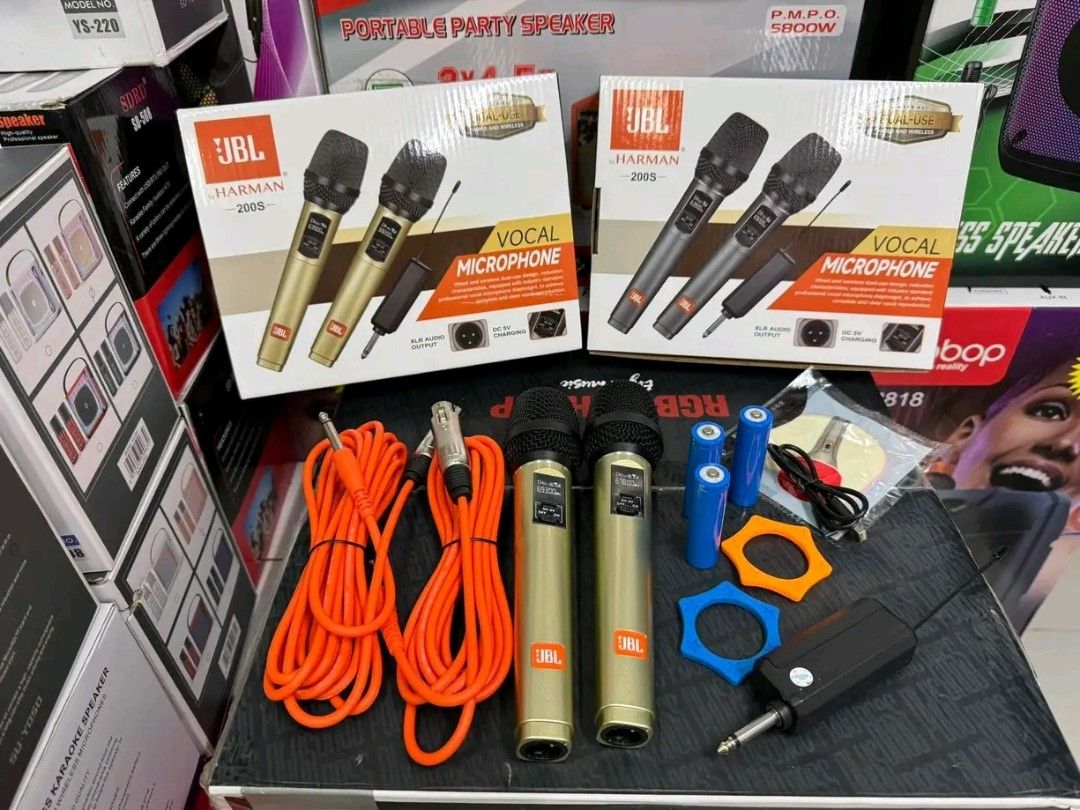 JBL Harman 200S Dual-Use Vocal Wireless Microphone Set (Category: Microphones) located in Manila. Submitted by marvieobordo (Listing ID 1453984056, Image 1). Description: - JBL Harman 200S Vocal Microphones - Dual-Use: Wired or Wireless - Set includes: 2 microphones, cables, receiver, batteries - Ideal for karaoke and live performances - Tested and confirmed working.
