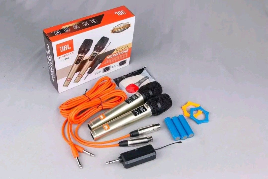 JBL Harman 200S Dual-Use Vocal Wireless Microphone Set (Category: Microphones) located in Manila. Submitted by marvieobordo (Listing ID 1453984056, Image 2). Description: - JBL Harman 200S Vocal Microphones - Dual-Use: Wired or Wireless - Set includes: 2 microphones, cables, receiver, batteries - Ideal for karaoke and live performances - Tested and confirmed working.