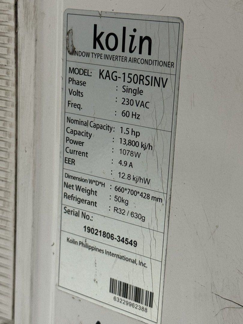 KOLIN 1.5HP FULL INVERTER AIRCON (Category: Air Conditioning and Heating) located in Caloocan City. Submitted by maecyyy7 (Listing ID 1453986171, Image 2). Description: RUSH FOR SALE CONDO PULLOUT ₱5K RUSH (₱28k BEFORE) ALL WORKING (Except high button but can switch via Automatic button) NEVER BEEN REPAIRED 2YRS USED BUT ALL GOODS LOC: SAMPALOC MANILA.