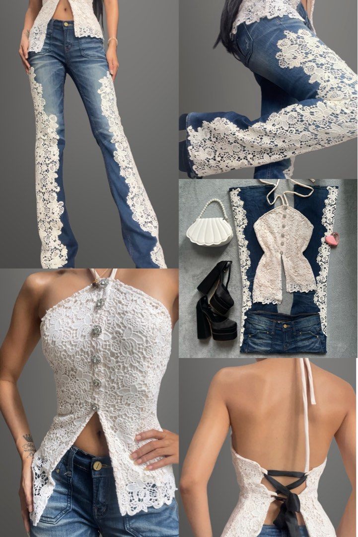 Lace Denim Jeans Set (Y2K/Coquette) (Category: Jeans) located in San Fernando. Submitted by aprillibaton (Listing ID 1453894778, Image 1). Description: Selling this stunning, completely custom-made 2-piece matching set! I personally designed and sewed this piece. The halter top was made from scratch, and I hand-added the gorgeous intricate floral lace panels onto a pair of flared denim jeans.This is a true 1 of 1 piece-nobody else will ever have 