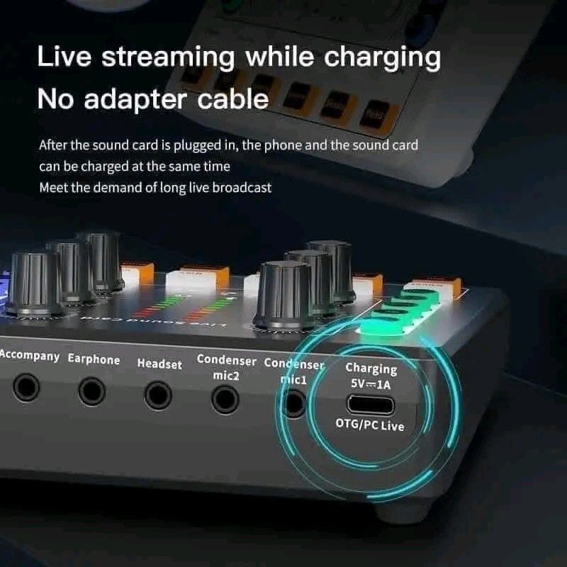 Live Sound Card for Mobile Phone and Computer (Category: Soundbars, Speakers & Amplifiers) located in Manila. Submitted by marvieobordo (Listing ID 1453894041, Image 3). Description: - Versatile live sound card compatible with mobile phones and computers. - Ideal for live streaming, music recording, and singing. - Convenient charging feature: charge your phone while using the sound card, no extra adapter needed. - Features multiple built-in sound