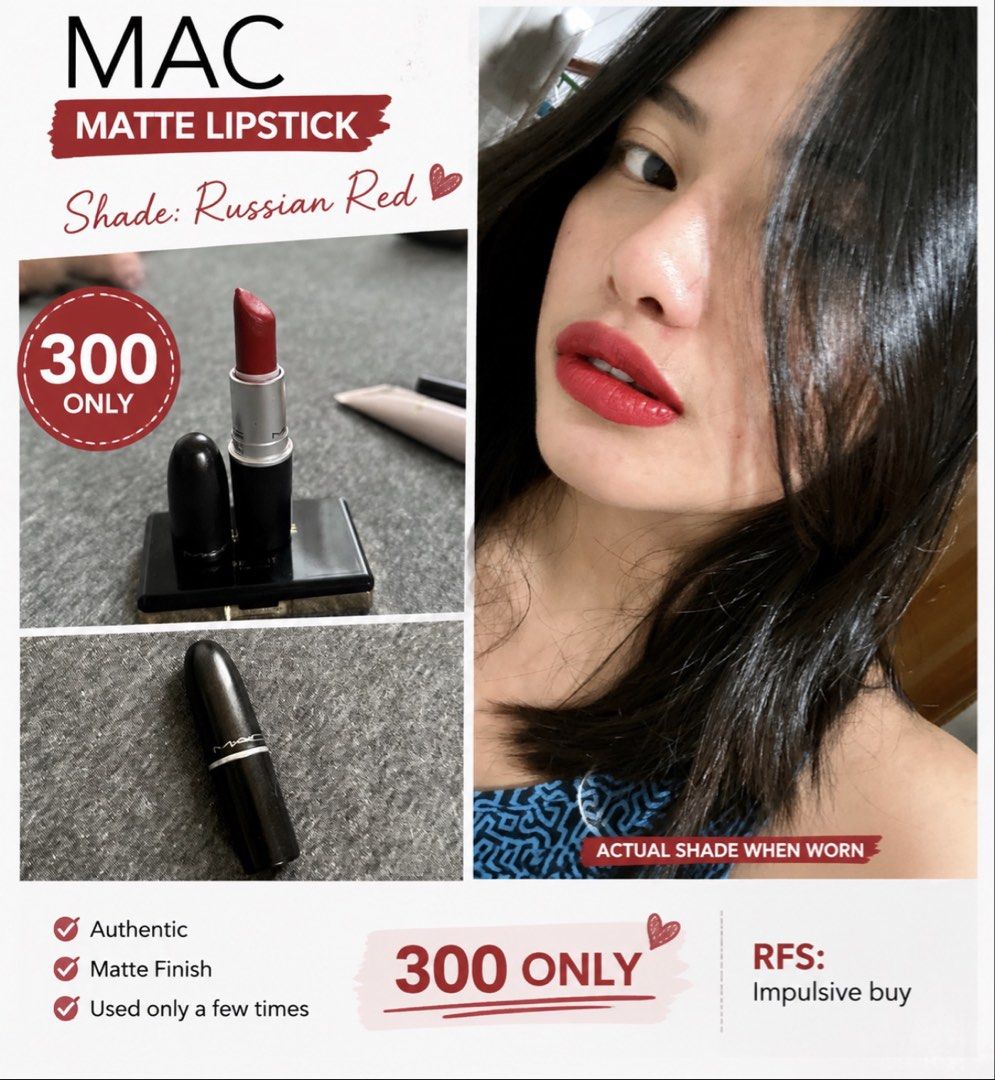 MAC Matte Lipstick - Russian Red (Category: Makeup) located in Manila. Submitted by ube.tangerine (Listing ID 1453867777, Image 1). Description: - Authentic MAC Matte Lipstick - Shade: Russian Red - Beautiful matte finish - Lightly used (a few times) - Reason for selling: Impulsive purchase.
