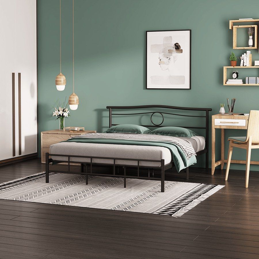 Mandaue Black Metal Bed Frame with Headboard - Queen Size (Category: Bed Frames & Mattresses) located in Los Banos. Submitted by puffygirlies (Listing ID 1453912232, Image 2). Description: - Sleek black metal bed frame - Modern design with circular headboard accent - Sturdy construction with metal slats - Fits a queen-size mattress - Easy to assemble - Ideal for any bedroom NEGOTIABLE.