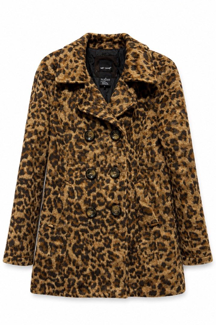 Leopard Print Coat Jacket (Category: Coats, Jackets and Outerwear) located in Quezon City. Submitted by baddiez_closett101 (Listing ID 1453944334, Image 1). Description: Description: Make a bold statement with this cozy and chic leopard print double-breasted pea coat by Me Jane. Designed with a soft, faux-fur/fleece finish, dark tortoise-shell buttons, side slit pockets, and a decorative buttoned back waist strap, this coat adds instant edge and 
