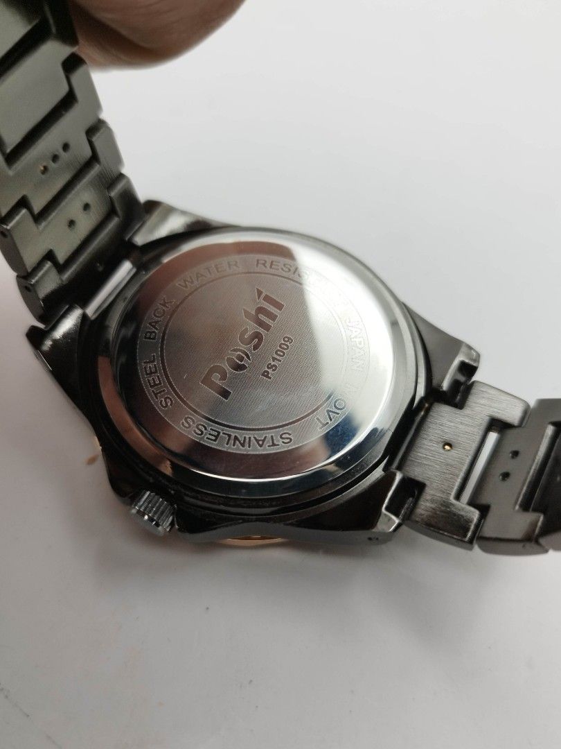 mens black watch (Category: Men's Watches) located in Quezon City. Submitted by WatchProject (Listing ID 1453949961, Image 2). Description: original poshi watch 40mm case dm alloy base and strap stainless steel back stainless steel lock with box manual and free adjuster tools.