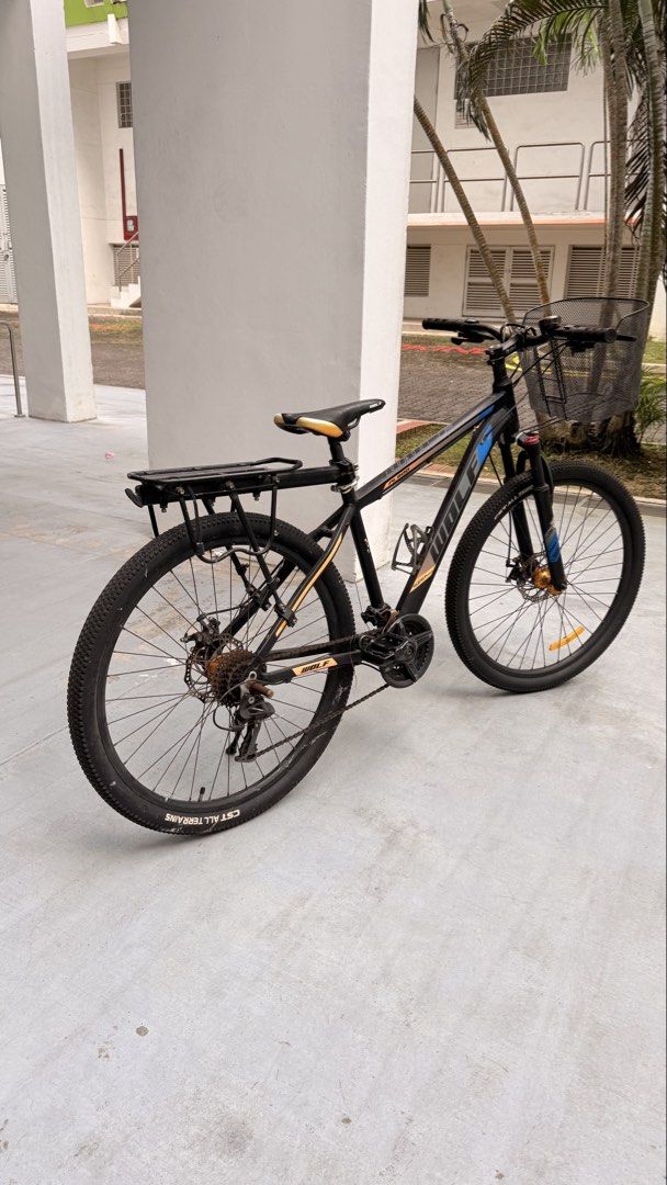 MTB cycle (Category: Bicycles) located in Singapore. Submitted by madiwalarp (Listing ID 1453919985, Image 1). Description: - Sturdy MTB cycle - Features a front basket for convenience - Includes a rear rack for carrying items - Equipped with CST All Terrain tires for reliable grip.