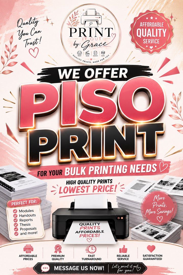Murang Print (Category: Art & Prints) located in Manila. Submitted by graceeeann (Listing ID 1453869878, Image 1). Description: - Bulk printing services by Piso Print by Grace. - High-quality prints at the lowest prices. - Ideal for modules, handouts, reports, thesis, and proposals. - Affordable pricing. - Premium quality output. - Fast turnaround time. - Reliable and trusted service. - Satisfaction guaranteed. - Message us now for details and sa
