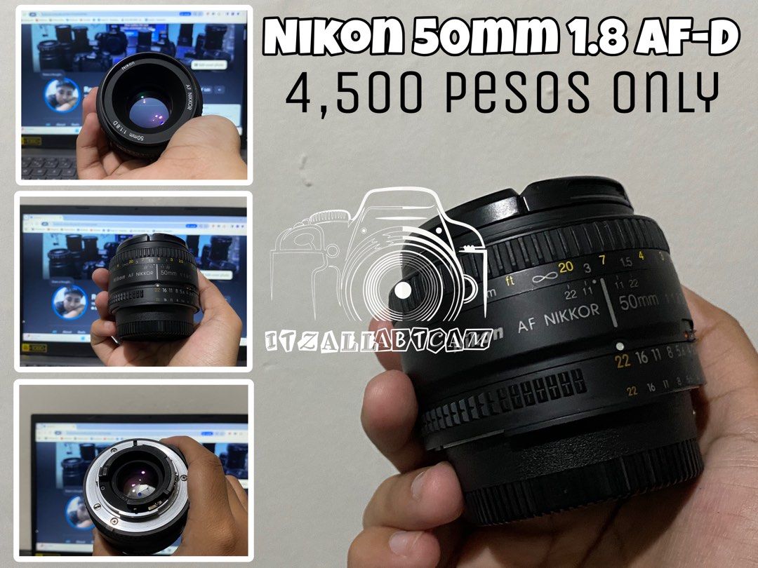 Nikon 50mm 1.8 AF-D (Category: Lens & Kits) located in Manila. Submitted by itzallabtcam (Listing ID 1453981139, Image 1). Description: Latest pick up Nikon 50mm AF-D All goods Bagong bago pa Condition: No issue Autofocus working Manual working No errors Fast focus Sharp output Inclusions: Front cap Rear cap Compatible with: Pro & Advanced Digital (FX Full-Frame): D3, D4, D5, D6, D600, D610, D700, D750, D780, D800, D800E, D810, D850, Df, and the 