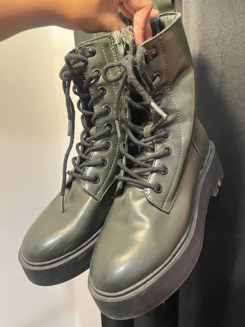 Olive Green Lace-up Platform Combat Boots (Category: Boots) located in Paranaque City. Submitted by agirlhasnoname_ (Listing ID 1453976866, Image 3). Description: - Cool olive green combat boots - Chunky platform sole - Lace-up front - Side zipper for easy wear - Adds an edgy vibe to any outfit.