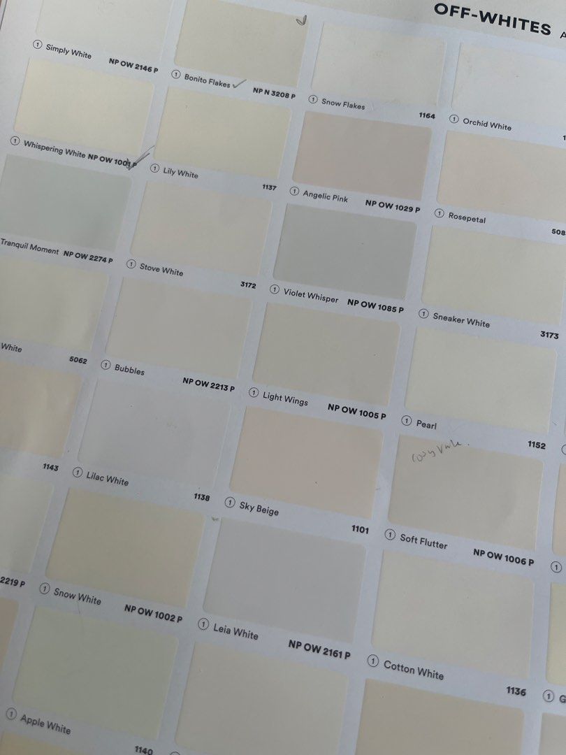Paint sample (Category: Craft Supplies & Tools) located in Singapore. Submitted by budgetlady (Listing ID 1453887661, Image 2). Description: Available paint samples - $6 each Whispering white - NP OW 1001P Birch Panita - NP N 1852P Swansdown - 5075 Meet up at Tampines only .