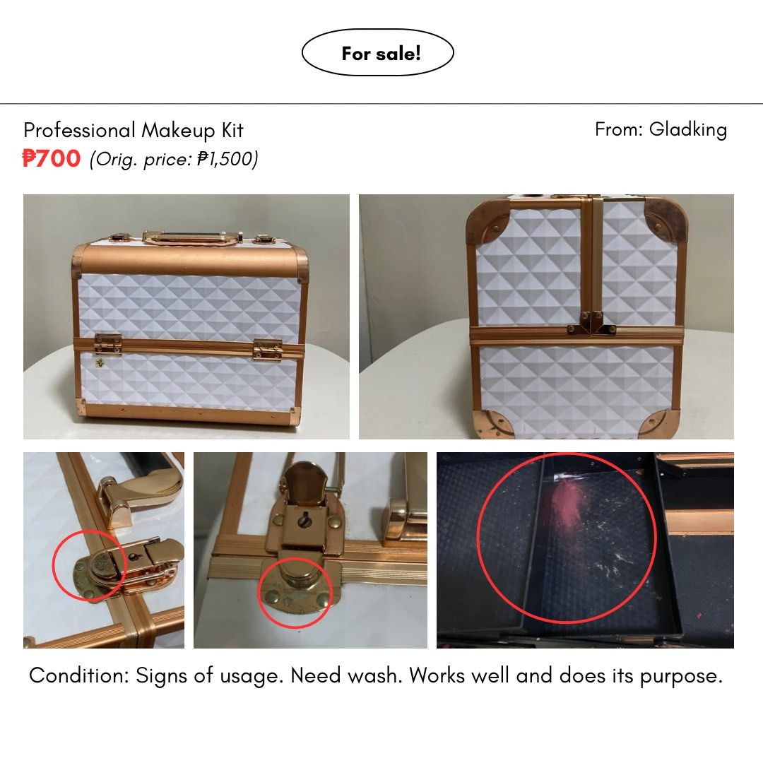 Professional Makeup Kit - from Gladking (Category: Makeup) located in Manila. Submitted by isabelaaaai (Listing ID 1453993953, Image 1). Description: - Chic rose gold and white professional makeup kit - Elegant diamond pattern design - Minor signs of use on latches and corners (adds character!) - Interior needs a quick wash, but is otherwise clean - Perfectly functional and great for organizing all your makeup essentials - A stylish and practical