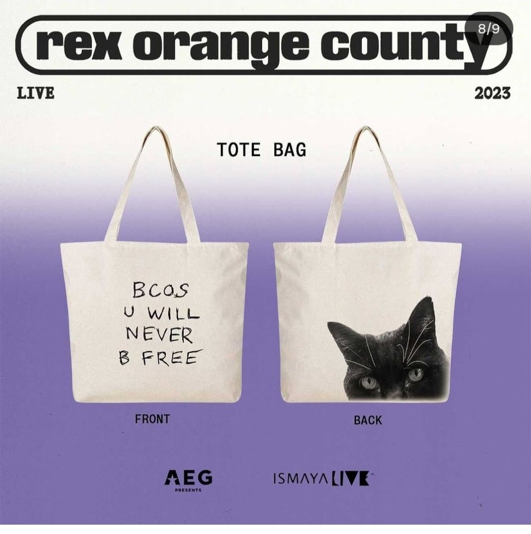 Rex Orange County Tote Bag Merch Original with exclusive ROC guitar pick (Category: Tote Bags) located in Taguig. Submitted by decluttermm (Listing ID 1453927033, Image 3). Description: - Official Rex Orange County Live 2023 Tour merchandise - Features a cool black cat graphic on one side - Includes the iconic lyrics 'BCOS U WILL NEVER B FREE' on the other side - Made from durable canvas material - Ideal for everyday use, carrying essentials, or 