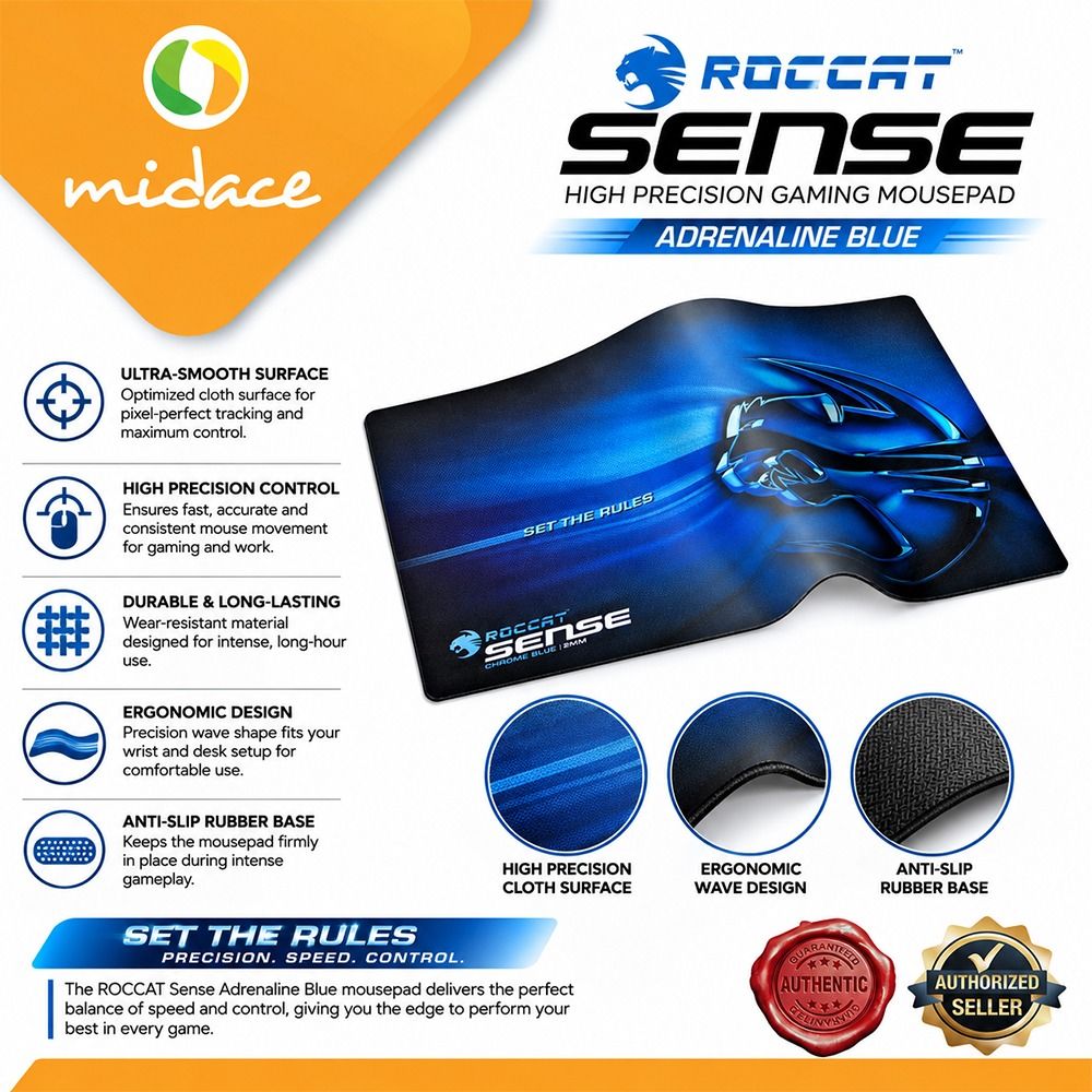 ROCCAT Sense High Precision Gaming Mousepad - Adrenaline Blue (Category: Mouse & Mousepads) located in Quezon City. Submitted by midaceph (Listing ID 1453837080, Image 1). Description: - ROCCAT Sense Adrenaline Blue gaming mousepad - Ultra-smooth cloth surface for pixel-perfect tracking - High precision control for fast, accurate movements - Durable, wear-resistant material - Ergonomic wave shape for comfort - Anti-slip rubber base for stability 