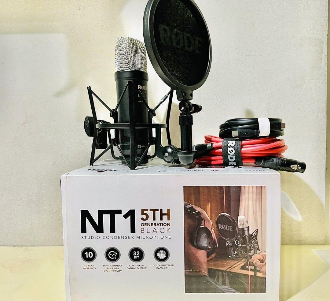Rode NT1 5th Generation Studio Condenser Microphone Black (Category: Microphones) located in Paranaque City. Submitted by yonji_19 (Listing ID 1453823735, Image 1). Description: - Rode NT1 5th Gen Studio Condenser Microphone (Black) - Ideal for professional studio recording - Includes: Microphone, Shock Mount, Pop Filter, Rode XLR Cable, Rode USB-C Cable - Features: 32-bit float digital output, Dual Connect output, 1" gold-sputtered capsule - Com