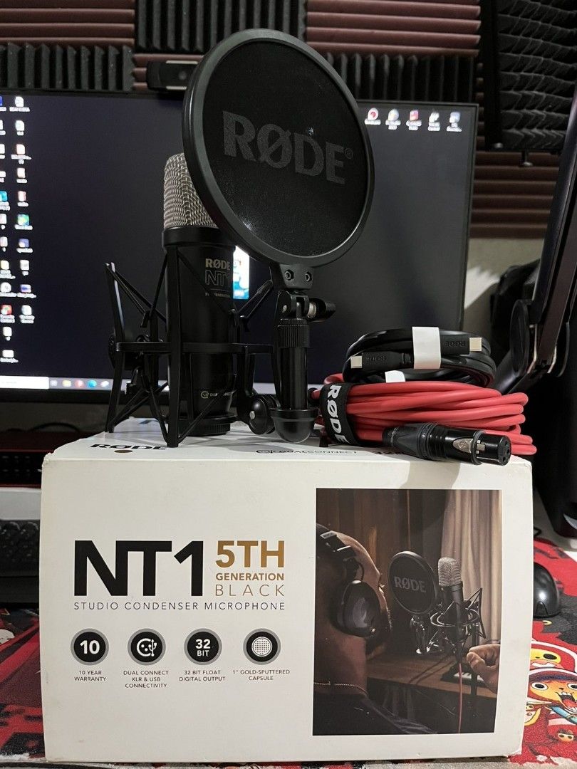 Rode NT1 5th Generation Studio Condenser Microphone Black (Category: Microphones) located in Paranaque City. Submitted by yonji_19 (Listing ID 1453823735, Image 2). Description: - Rode NT1 5th Gen Studio Condenser Microphone (Black) - Ideal for professional studio recording - Includes: Microphone, Shock Mount, Pop Filter, Rode XLR Cable, Rode USB-C Cable - Features: 32-bit float digital output, Dual Connect output, 1" gold-sputtered capsule - Com