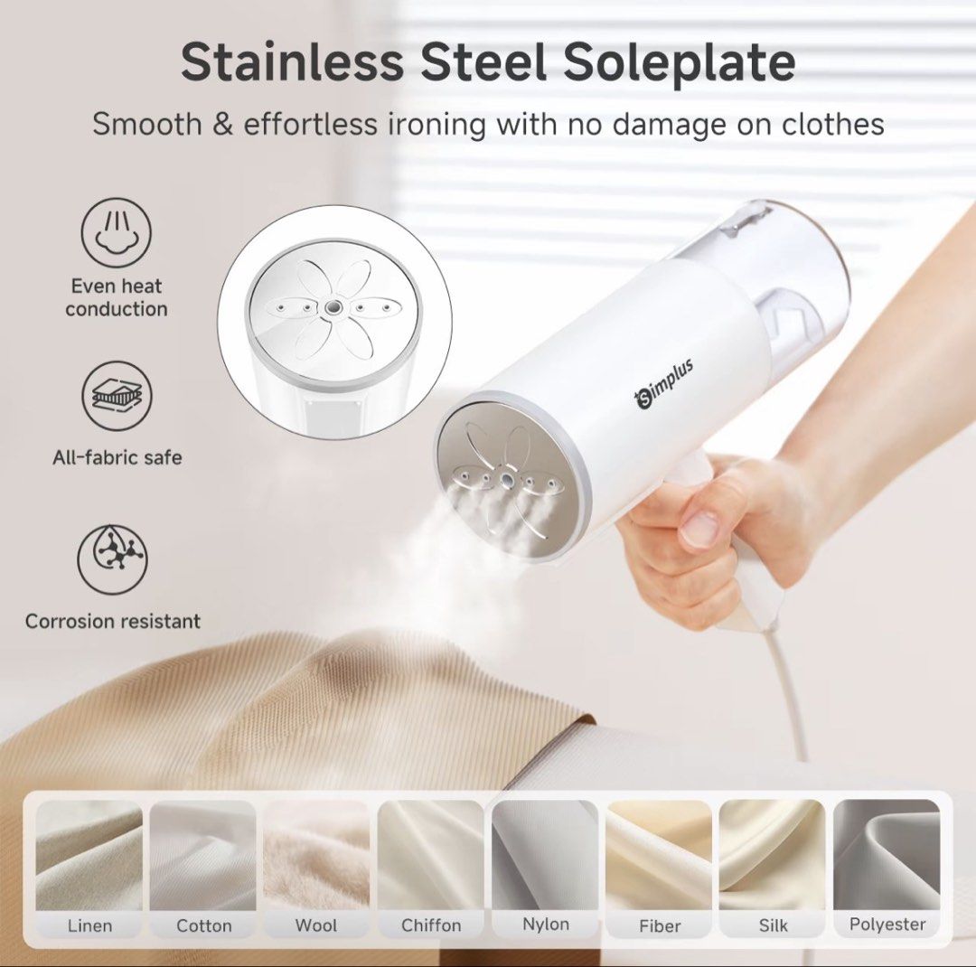 Simplus Stainless Steel Soleplate Garment Steamer (Category: Irons & Steamers) located in Manila. Submitted by kzfsss (Listing ID 1453987839, Image 1). Description: - Smooth, effortless ironing without damaging clothes. - Stainless steel soleplate for even heat distribution. - Safe for all fabric types and corrosion resistant. - Super lightweight at only 660g. - Easy one-button operation. - 210mL transparent water tank for 13-15 minutes of contin