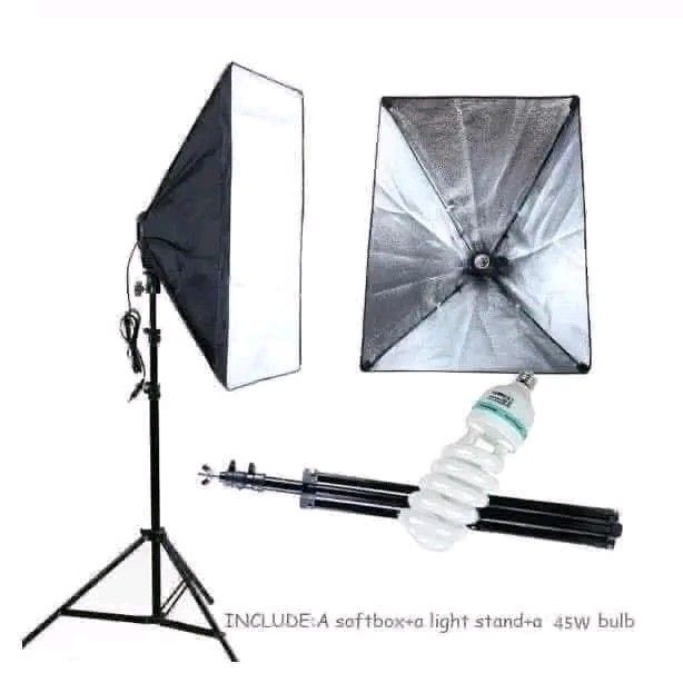 Studio Softbox Lighting Kit with Stand and Bulb (Category: Lighting & Studio Equipment) located in Manila. Submitted by marvieobordo (Listing ID 1453896418, Image 2). Description: - Complete softbox lighting setup for photography - Includes: Softbox, light stand, 45W bulb - Softbox features: Detachable white diffusion cloth, high-reflective interior for optimal light diffusion - Lamp head: Ceramic, heat-resistant - Light stand: Rugged, durable wi