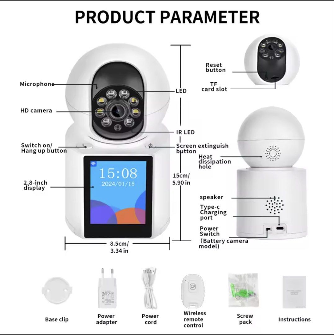 Talking camera (Category: Security Systems & CCTV Cameras) located in Singapore. Submitted by alvinchongkf (Listing ID 1453952254, Image 1). Description: 3MP Wireless Security Protection WIFI Video Call Camera Baby Monitor SOS 2.8 Inch Screen Button Call PTZ Auto Tracking ICSEE. To place on home desktop to view n able to press talk. Comes with good power supply. Micro sd card optional. Installation optional. Technical On site installation n setup