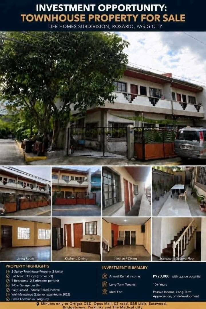TownHouse for Sale (Category: Townhouse) located in Pasig City. Submitted by anz05 (Listing ID 1453825371, Image 1). Description: 🏡 PRIME INCOME-PRODUCING PROPERTY FOR SALE 2-Storey Townhouse Property (3 Units) Life HOME Subd.Pasig City 💰 Selling Price: ₱60,000,000 (Negotiable) An exceptional opportunity to own a fully leased, income-generating property in one of Pasig City's fastest-growing investment locations. Perfect for investors seeking i