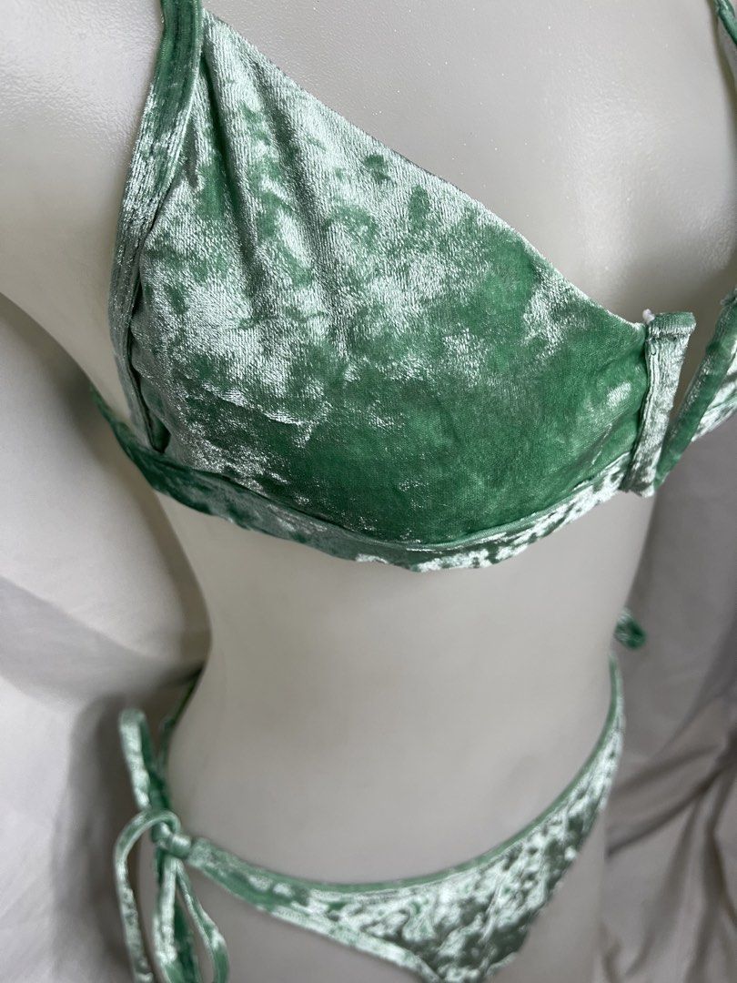 Velvet Green 2 Piece Bikini Set (Category: Bikinis & Swimsuits) located in Manila. Submitted by sugarplumthreadsph (Listing ID 1453982211, Image 3). Description: - Medium - Luxurious green velvet bikini - Flattering V-neck top with adjustable straps - Comfortable tie-side bottoms - Soft and stretchy material for a great fit - Ideal for your next beach or pool day - Clean and ready to wear.