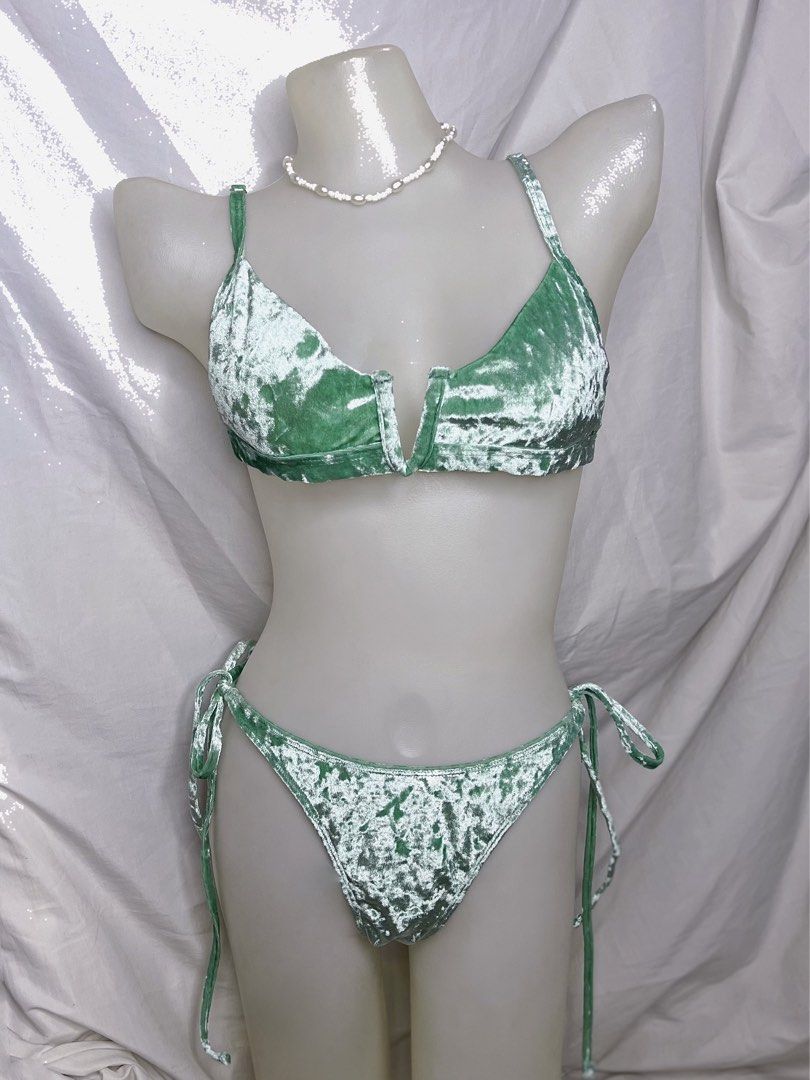 Velvet Green 2 Piece Bikini Set (Category: Bikinis & Swimsuits) located in Manila. Submitted by sugarplumthreadsph (Listing ID 1453982211, Image 2). Description: - Medium - Luxurious green velvet bikini - Flattering V-neck top with adjustable straps - Comfortable tie-side bottoms - Soft and stretchy material for a great fit - Ideal for your next beach or pool day - Clean and ready to wear.