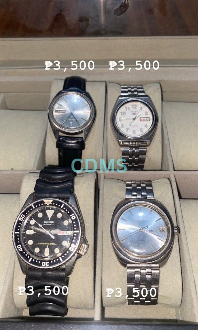 Watches for sale (Category: Luxury Watches) located in Cebu City. Submitted by dungogcarlos (Listing ID 1453906543, Image 2). Description: TAKE ALL WATCHES ₱14K ‼️‼️AUTHENTIC‼️‼️ Freebies includes the box and tools. Negotiable! Watches ⌚️: - Seiko SKX013 - Citizen Para Water 4-740173 - Seiko 7006-8040 - Seiko 5 7S26-04N4 Meet up: Check all you want (12-4pm) 📍Tabunok Gaisano Mall 📍Colon, Cebu City 📍SM City, Cebu City 📍SM Seaside, SRP MOP: COD 