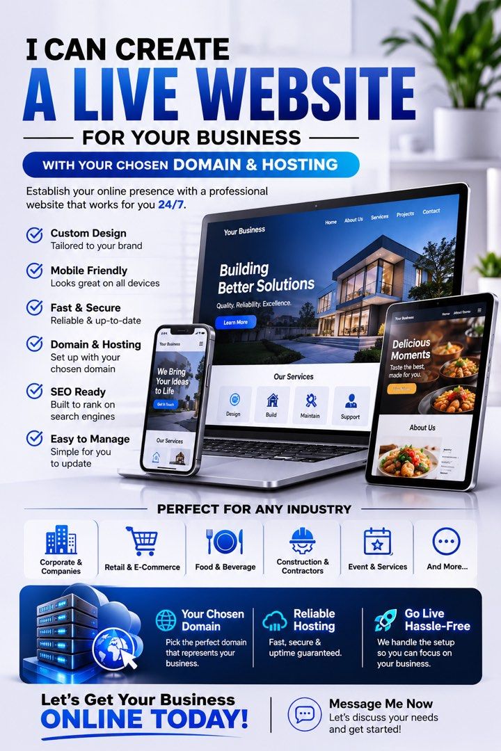 Website Creation (Category: Software) located in Singapore. Submitted by mrsuper4honda89 (Listing ID 1453995413, Image 1). Description: 🚀 Need a Website for Your Business? I can create a fully functional live website tailored to your needs! ✅ Professional website design ✅ Your chosen domain name (subject to availability) ✅ Fast & secure hosting setup ✅ Mobile-friendly design ✅ Contact forms, gallery & more ✅ Ready to go live! Whether you’re a: �