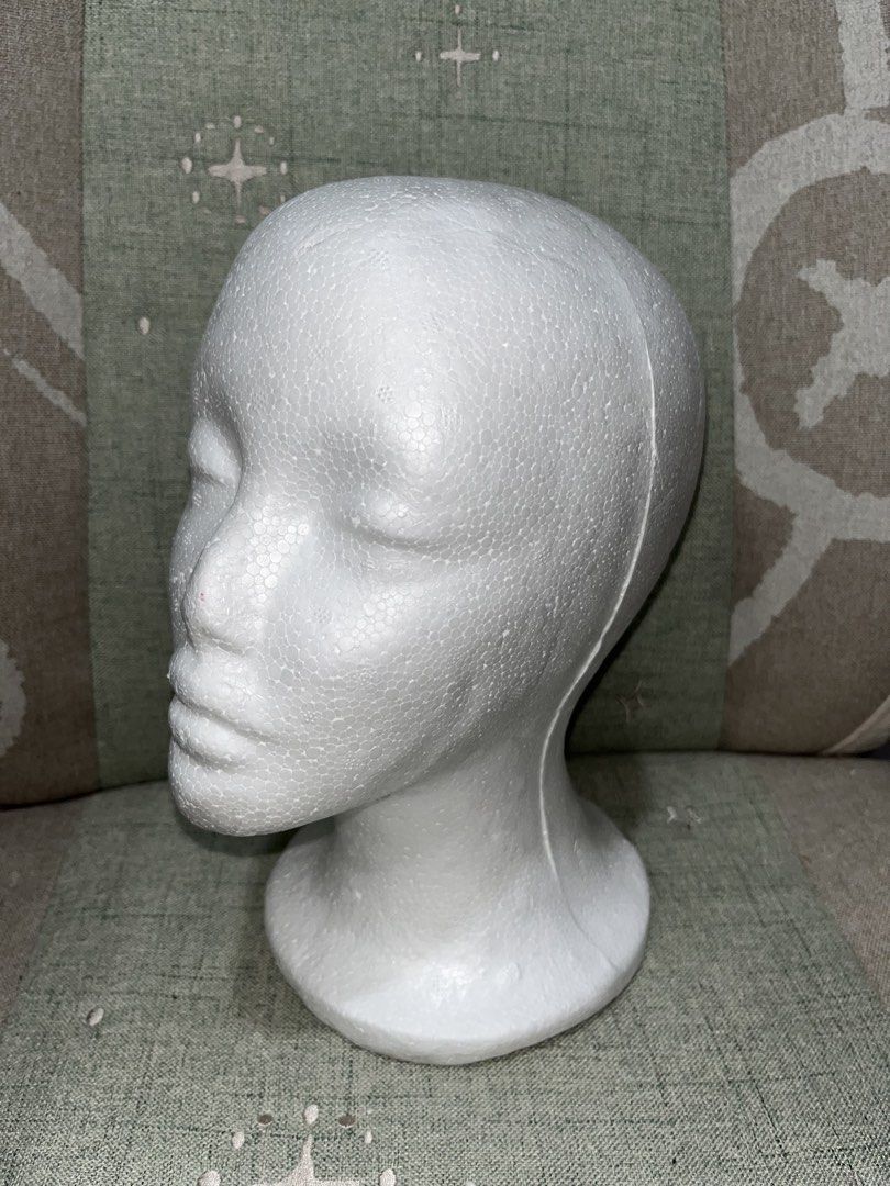 White Styrofoam Mannequin Head Display (Category: Hair Accessories) located in Manila. Submitted by gentleowl7 (Listing ID 1453984055, Image 2). Description: - White styrofoam head - Ideal for displaying wigs, hats, or jewelry - Smooth surface for crafting and styling practice - Lightweight and easy to handle - Stable base for freestanding display - Great for shop displays or personal use.