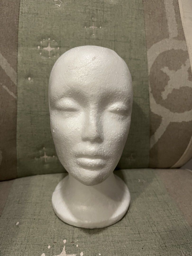 White Styrofoam Mannequin Head Display (Category: Hair Accessories) located in Manila. Submitted by gentleowl7 (Listing ID 1453984055, Image 1). Description: - White styrofoam head - Ideal for displaying wigs, hats, or jewelry - Smooth surface for crafting and styling practice - Lightweight and easy to handle - Stable base for freestanding display - Great for shop displays or personal use.