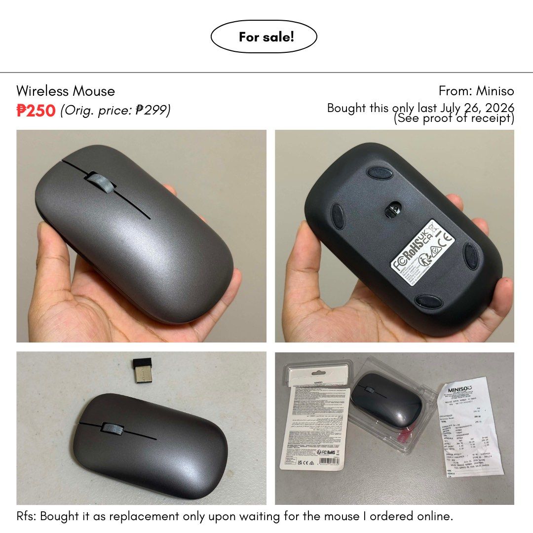 Wireless Mouse - Miniso (Category: Mouse & Mousepads) located in Manila. Submitted by isabelaaaai (Listing ID 1453993218, Image 1). Description: Barely used Miniso wireless mouse, bought July 26, 2026 (used three times only). Works perfectly, comes with original packaging and receipt. Selling as it's no longer needed..