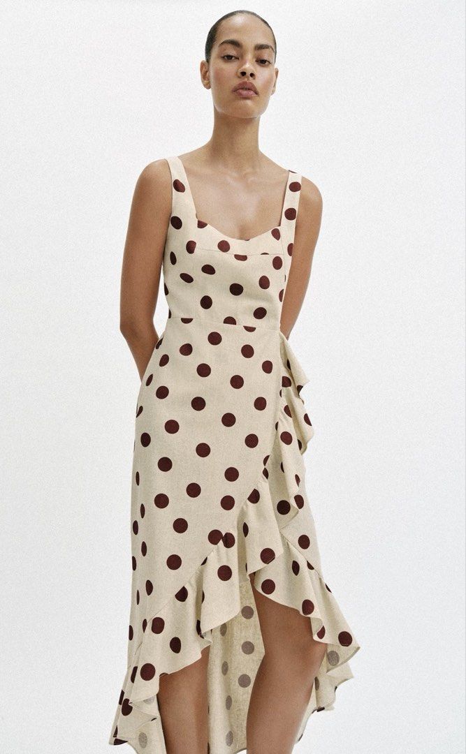 Zara Midi dots linen blend dress (Category: Dresses) located in Pasig City. Submitted by redeem (Listing ID 1453855165, Image 1). Description: AVAILABLE ON HAND‼️ BRAND NEW WITH TAG‼️ Description: Midi dress made from a linen and viscose blend. Featuring a straight neckline and wide straps. Ruffle trim and vent at the hem. Invisible back zip fastening. Size: MEDIUM.